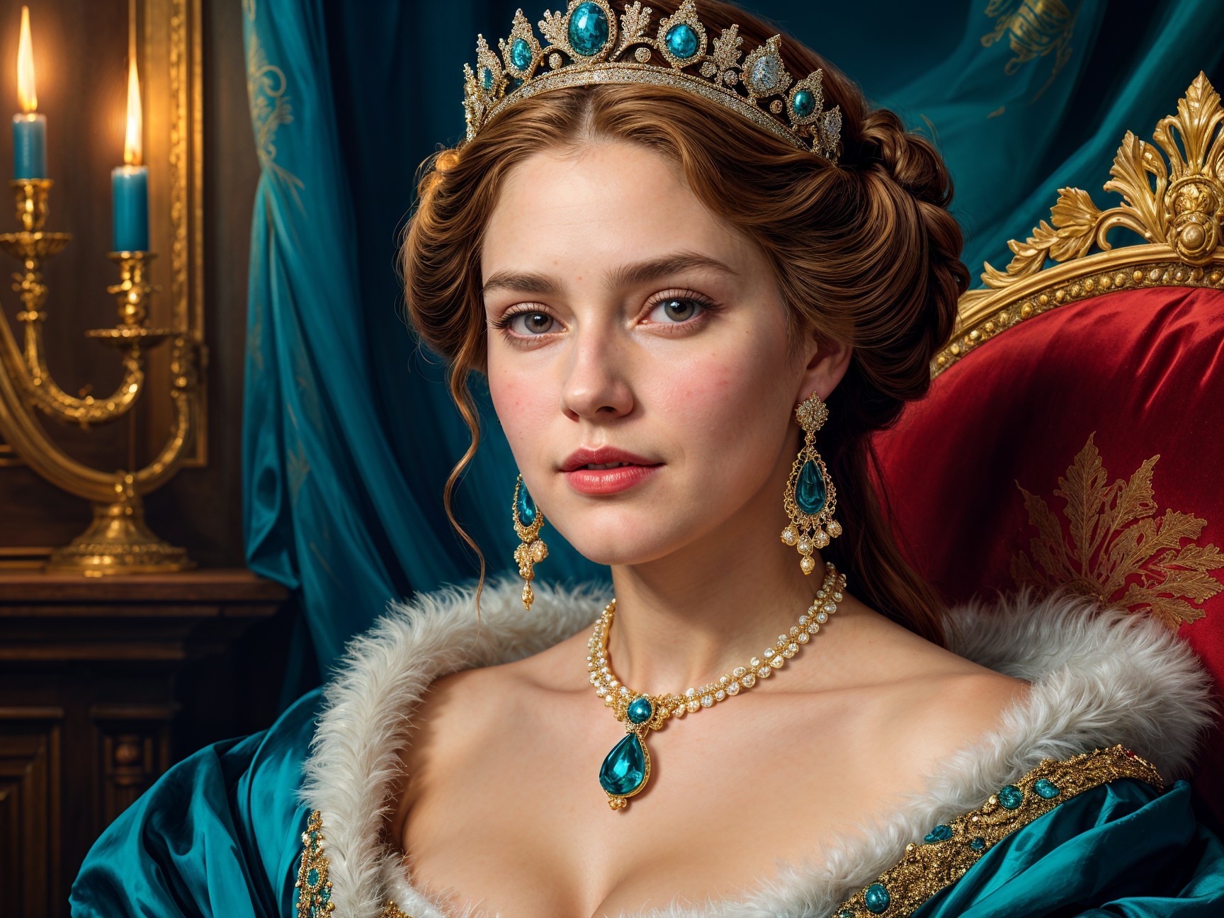 Regal Woman on Throne in Luxurious Blue Gown