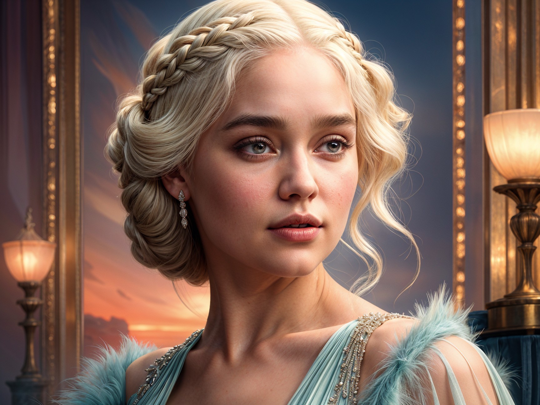 Elegant Woman in Light Blue Gown at Sunset