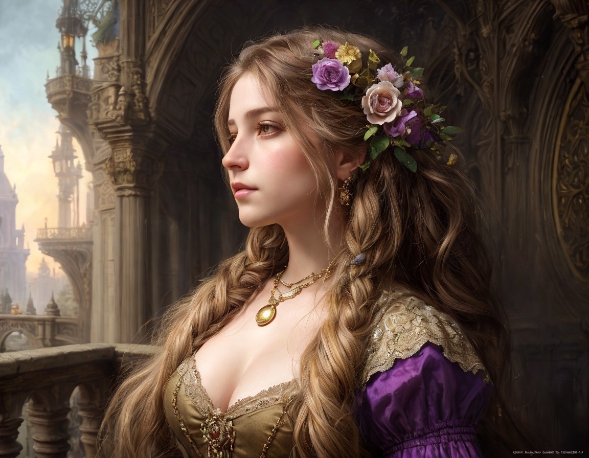 Young Woman in Purple Dress Amid Gothic Architecture