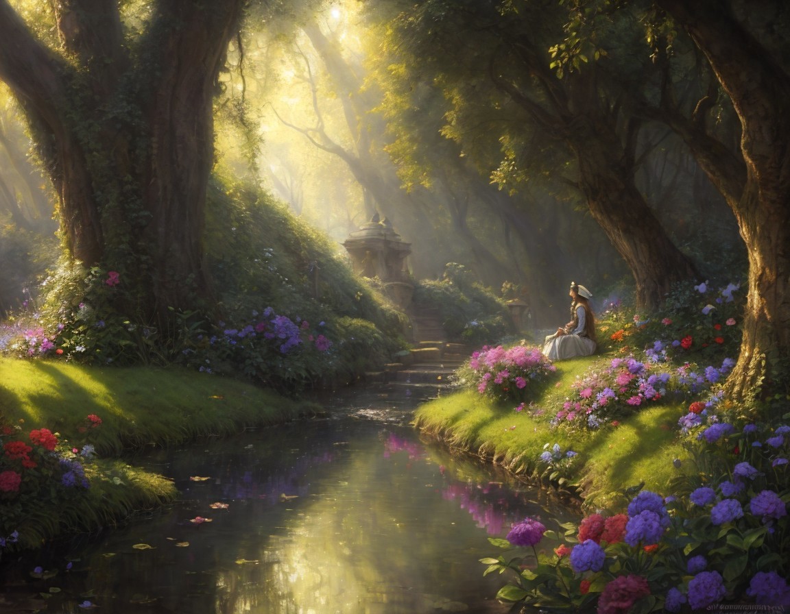 Tranquil nature setting with woman by stream and vibrant flowers