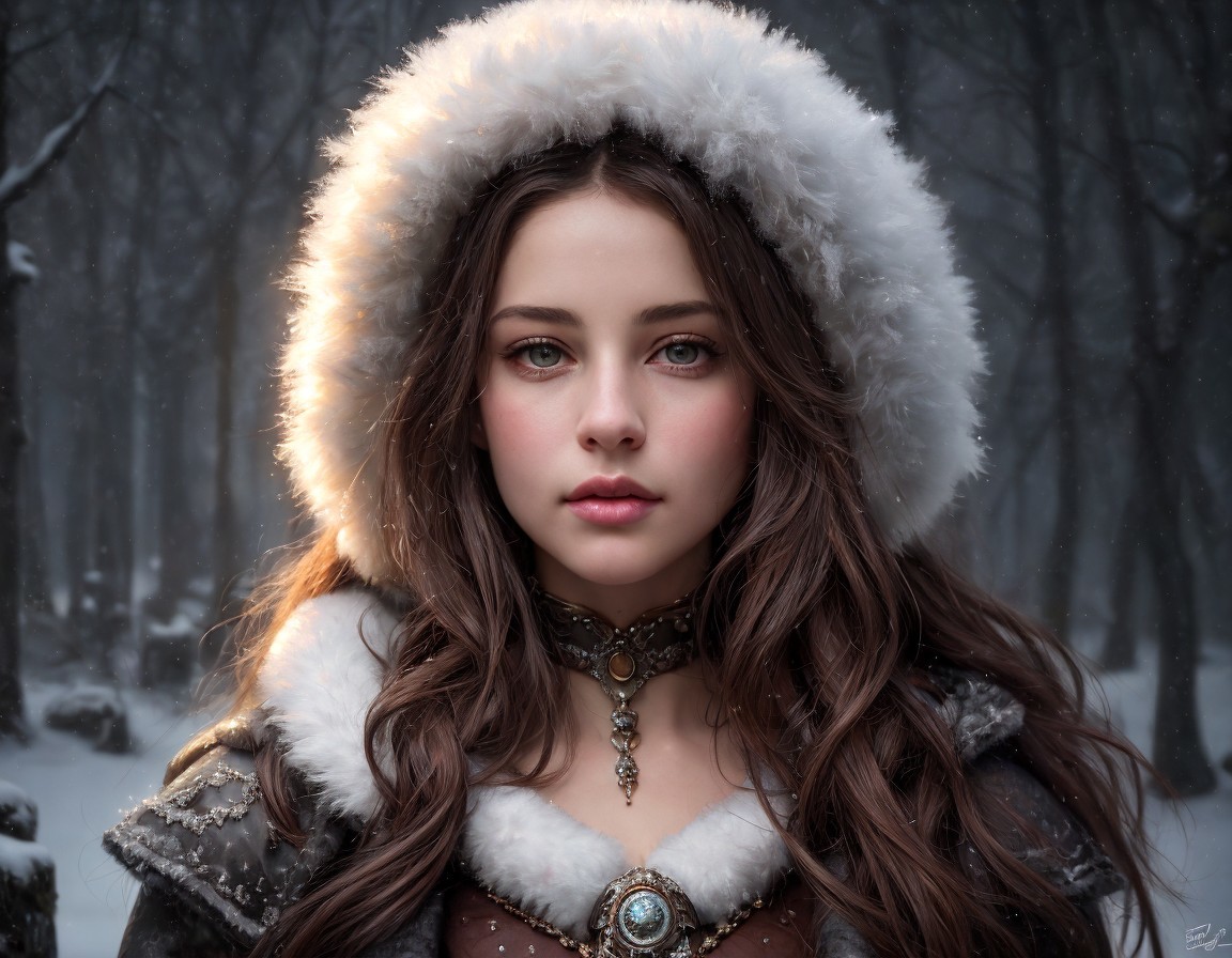 Young woman with brown hair in snowy forest wearing fur-lined hood & jeweled necklace
