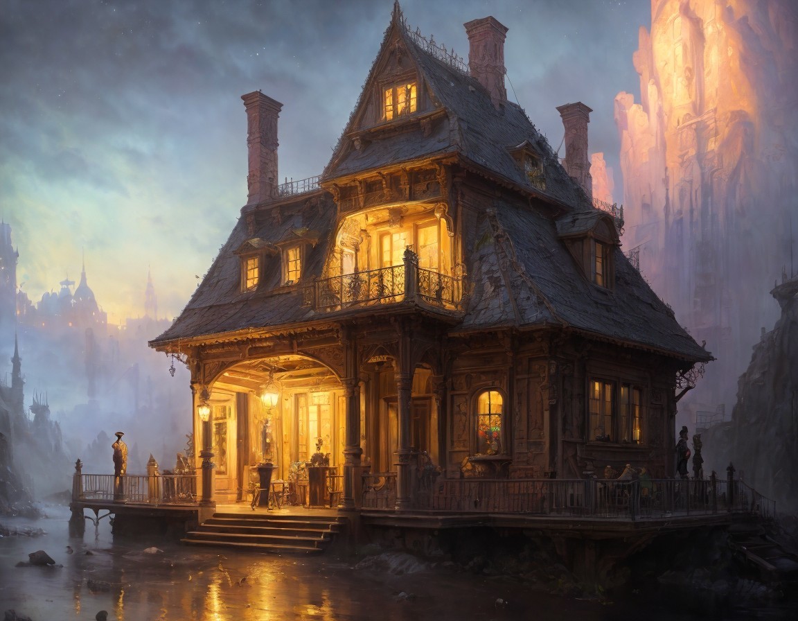 Victorian House at Twilight with Figures and Rock Formations
