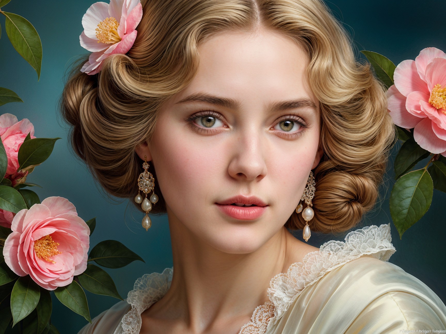 Young woman with blonde hair and floral accents