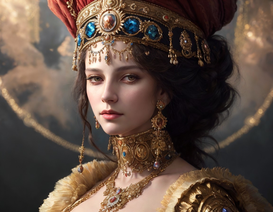 Portrait of a Woman in Regal Attire with Crown