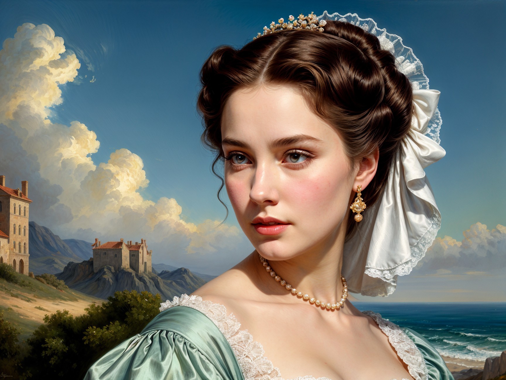 Elegant Young Woman in Green Dress by the Sea