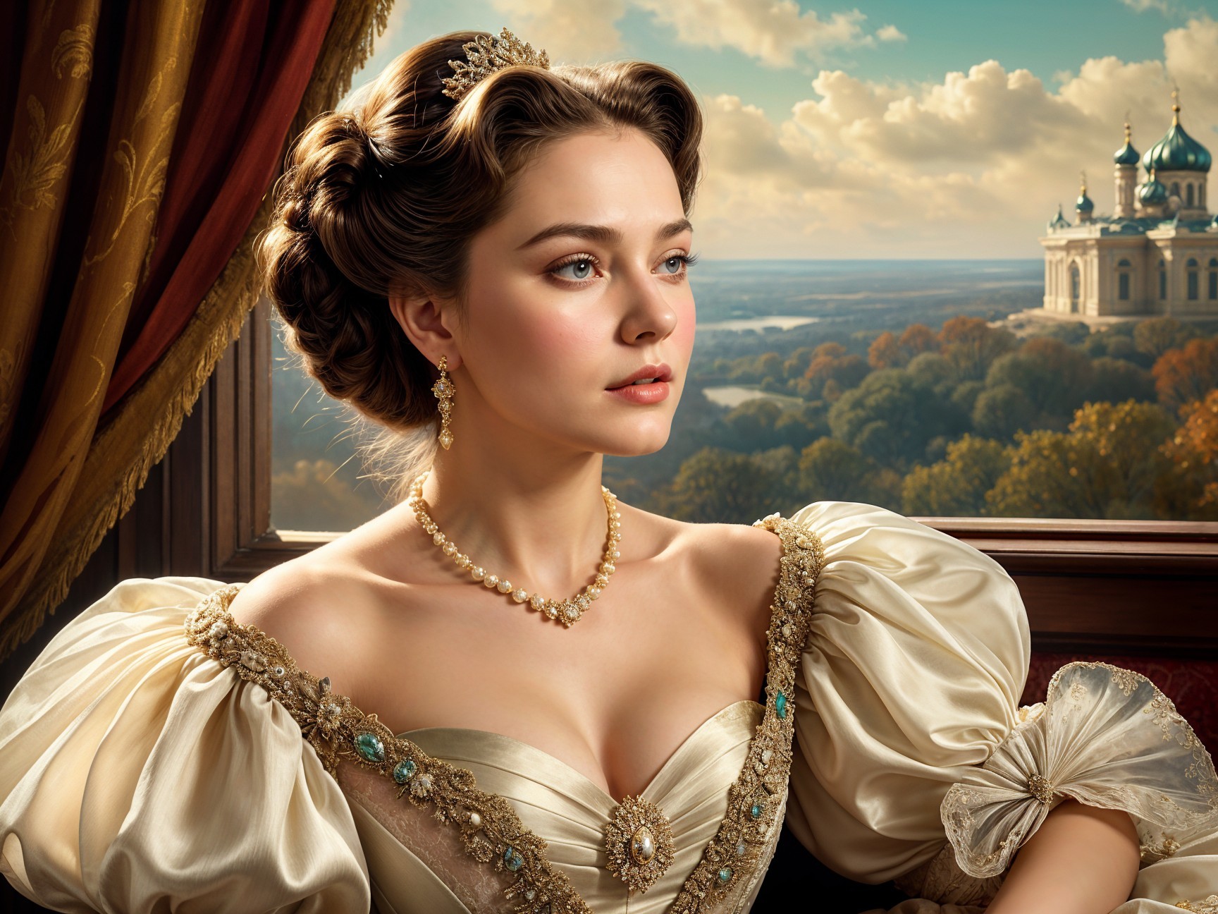 Young Woman in Elegant Attire by Castle Window