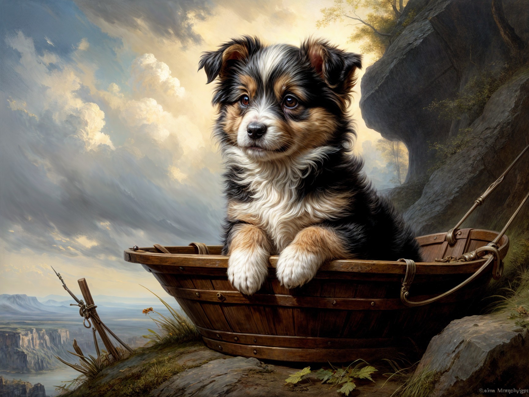 Puppy in a Wooden Basket Amidst Scenic Landscape