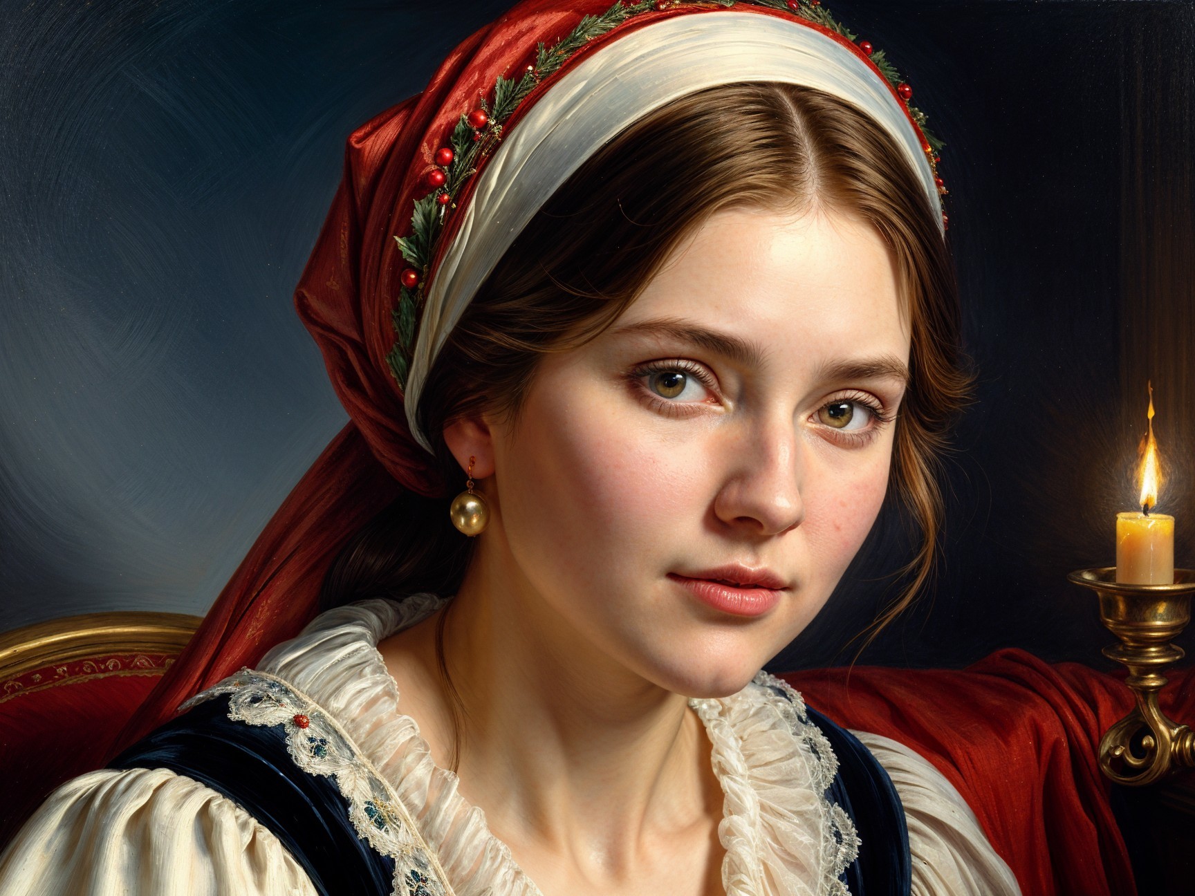 Portrait of a Young Woman in Ornate Headscarf