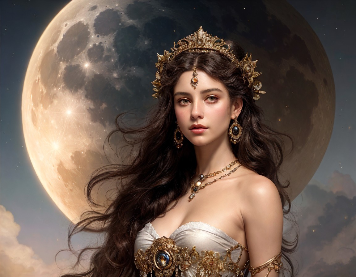 Digital artwork: Woman with long wavy hair in regal attire and gold jewelry, with detailed moon