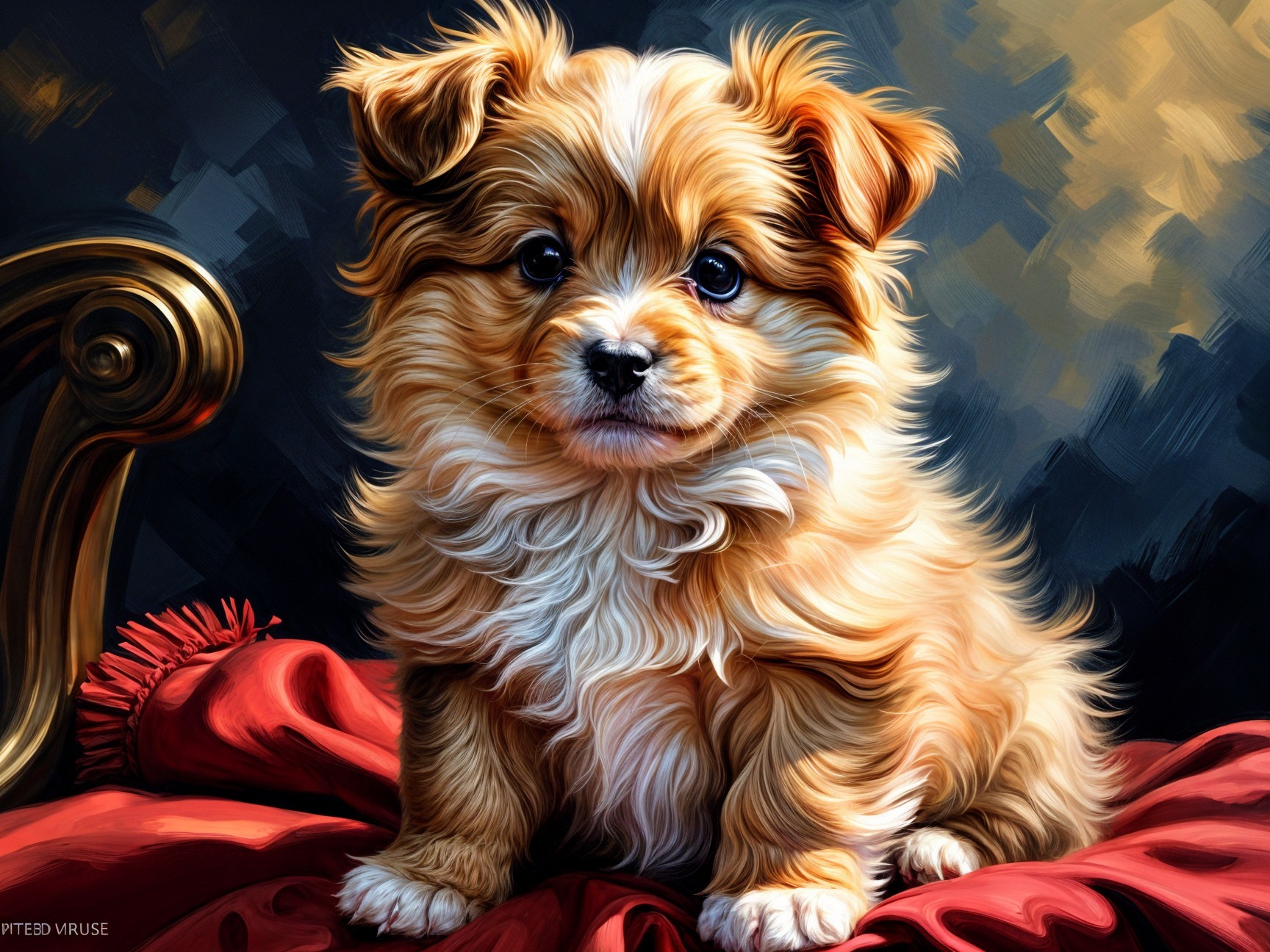 Golden-brown puppy on plush red cloth with soft lighting