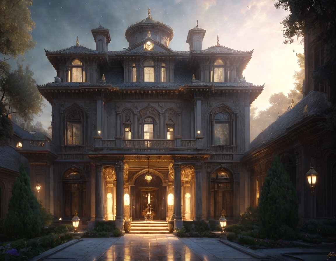 Opulent mansion illuminated at dusk with lush greenery