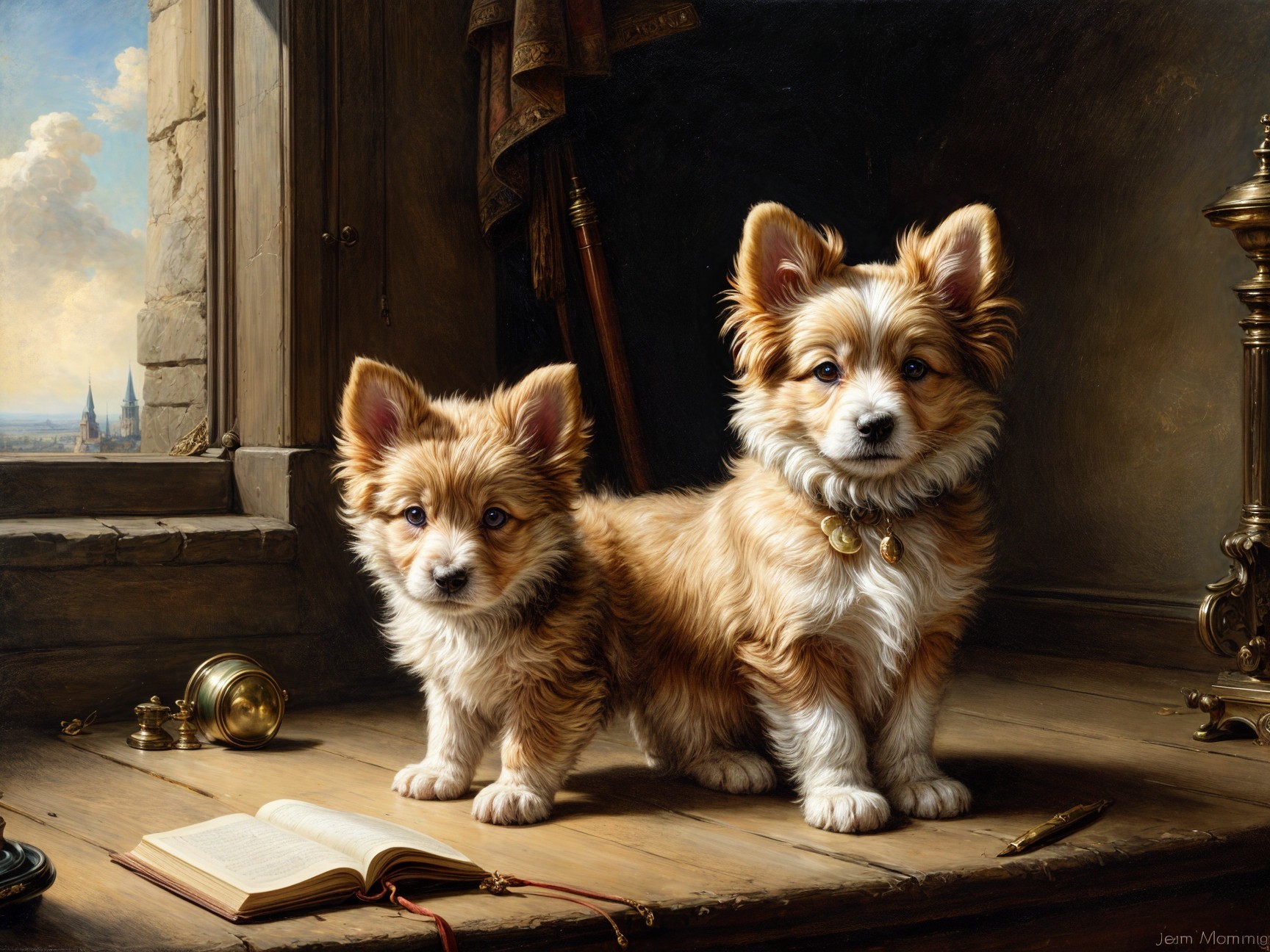 Corgi Puppies on Wooden Floor with Scenic Background