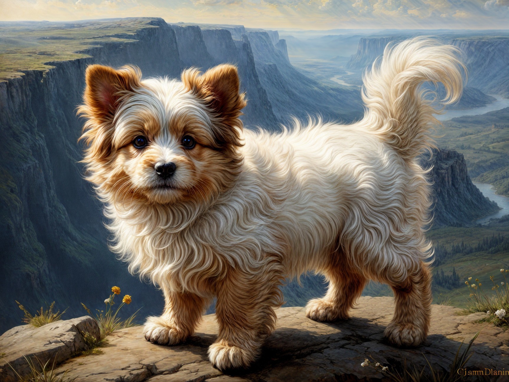 Fluffy Dog on Rocky Outcrop Overlooking Landscape
