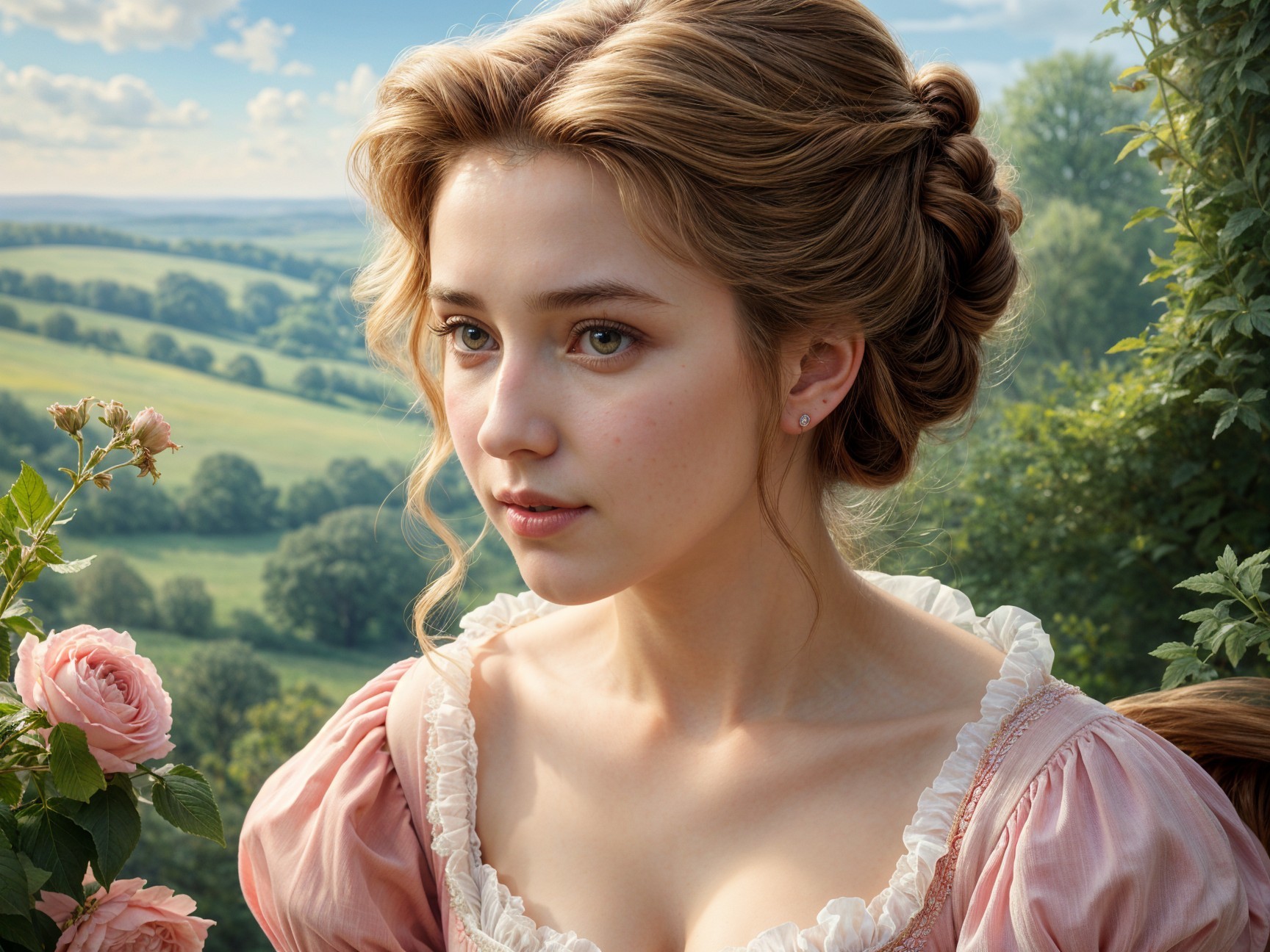 Thoughtful Young Woman in Vintage Pink Gown Outdoors