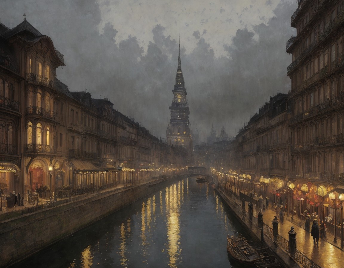 Vintage-style painting of a dusk-lit cityscape with canal, illuminated buildings, tower, and bustling