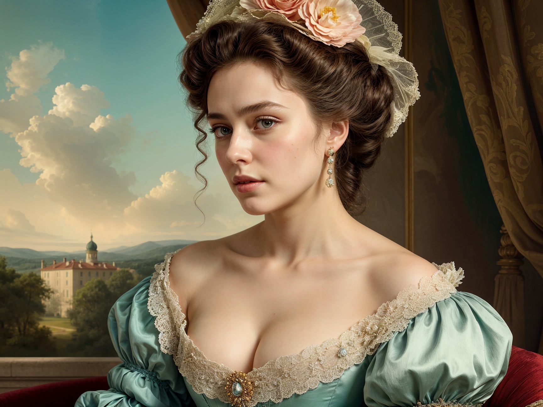 Elegant Vintage Dress Portrait in Serene Landscape