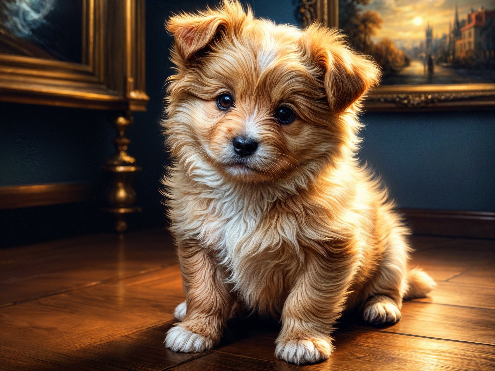 Fluffy Golden-Brown Puppy on Polished Wooden Floor