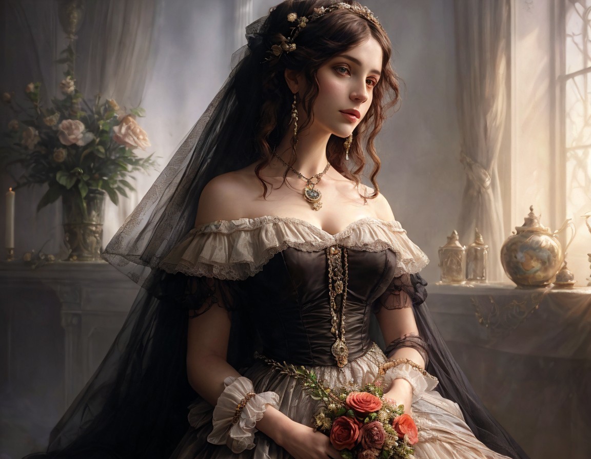 Victorian Bride by Window with Roses and Curtains