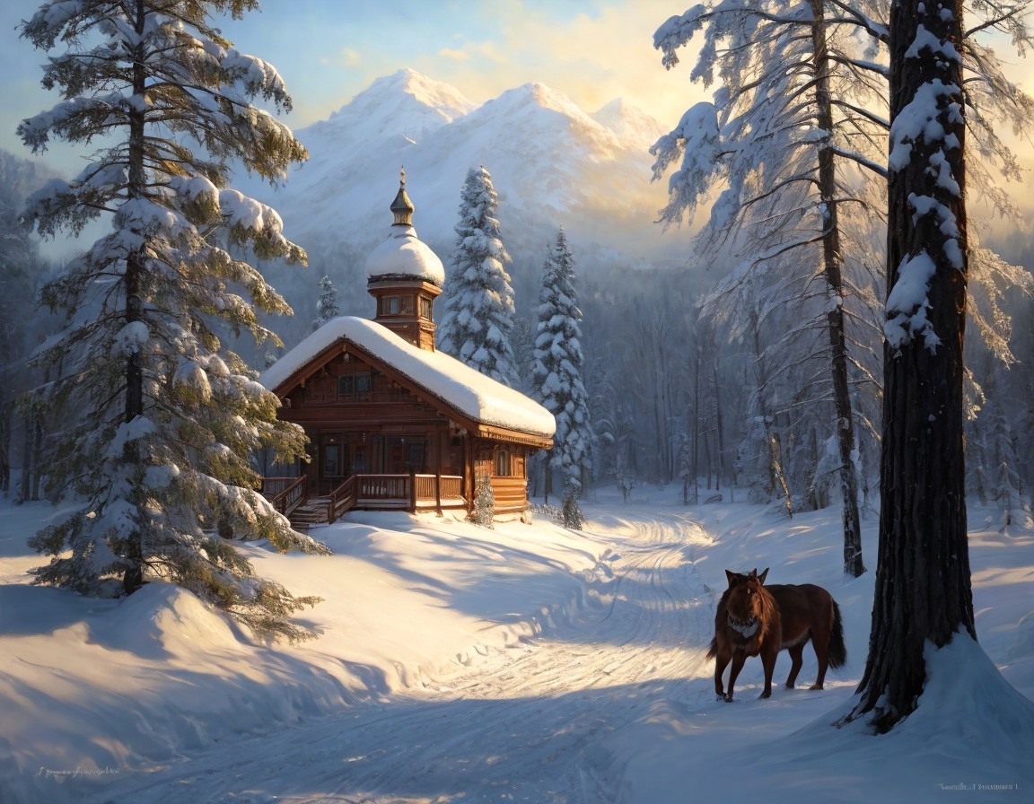 Snowy Winter Landscape: Wooden Cabin, Horse, Mountains