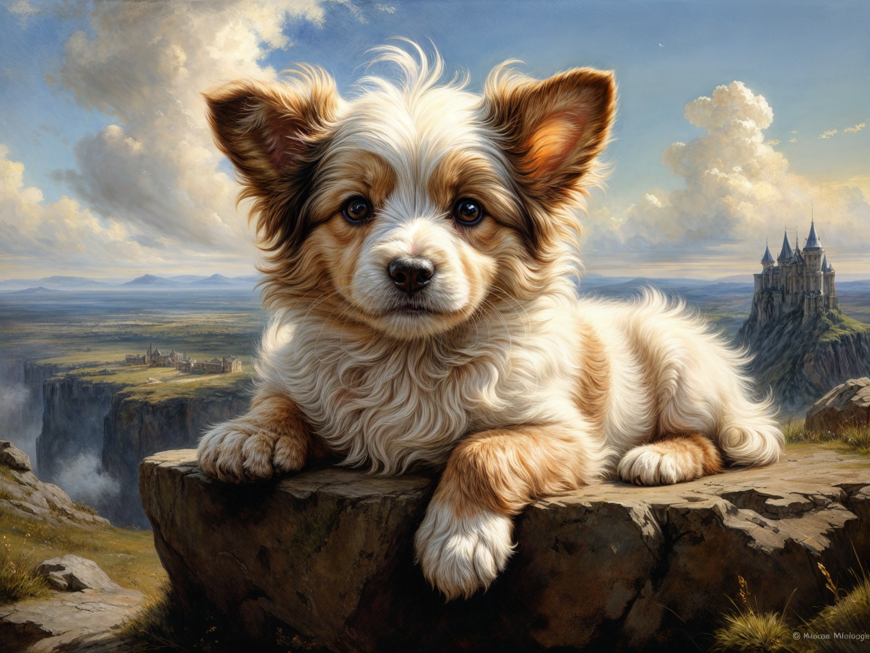 Fluffy Dog on Rocky Outcrop with Scenic Landscape