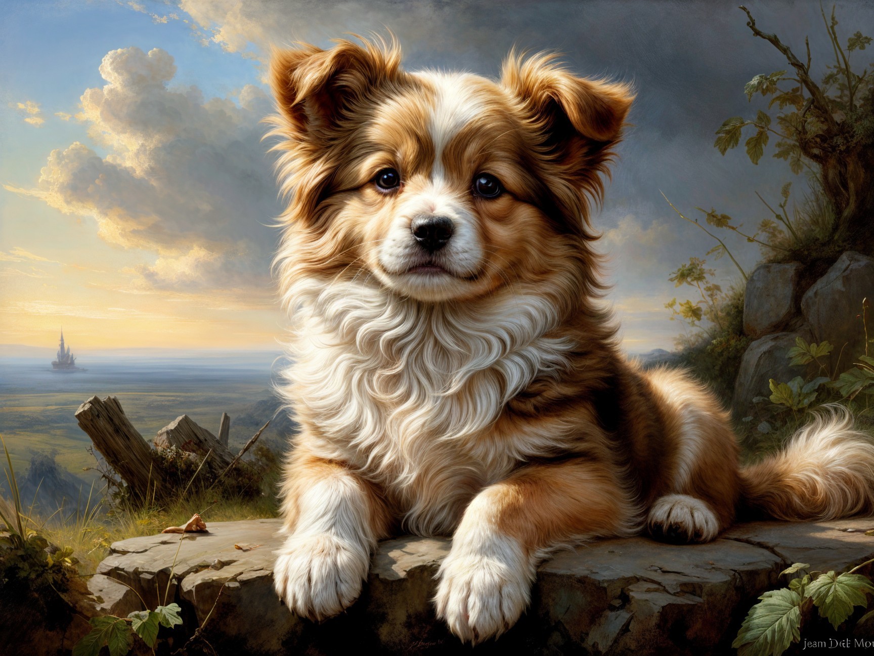 Puppy on Rocky Outcrop with Scenic Sunset Landscape