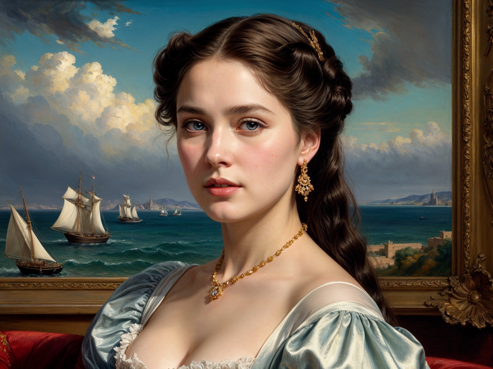 Young woman in light blue dress with ocean backdrop