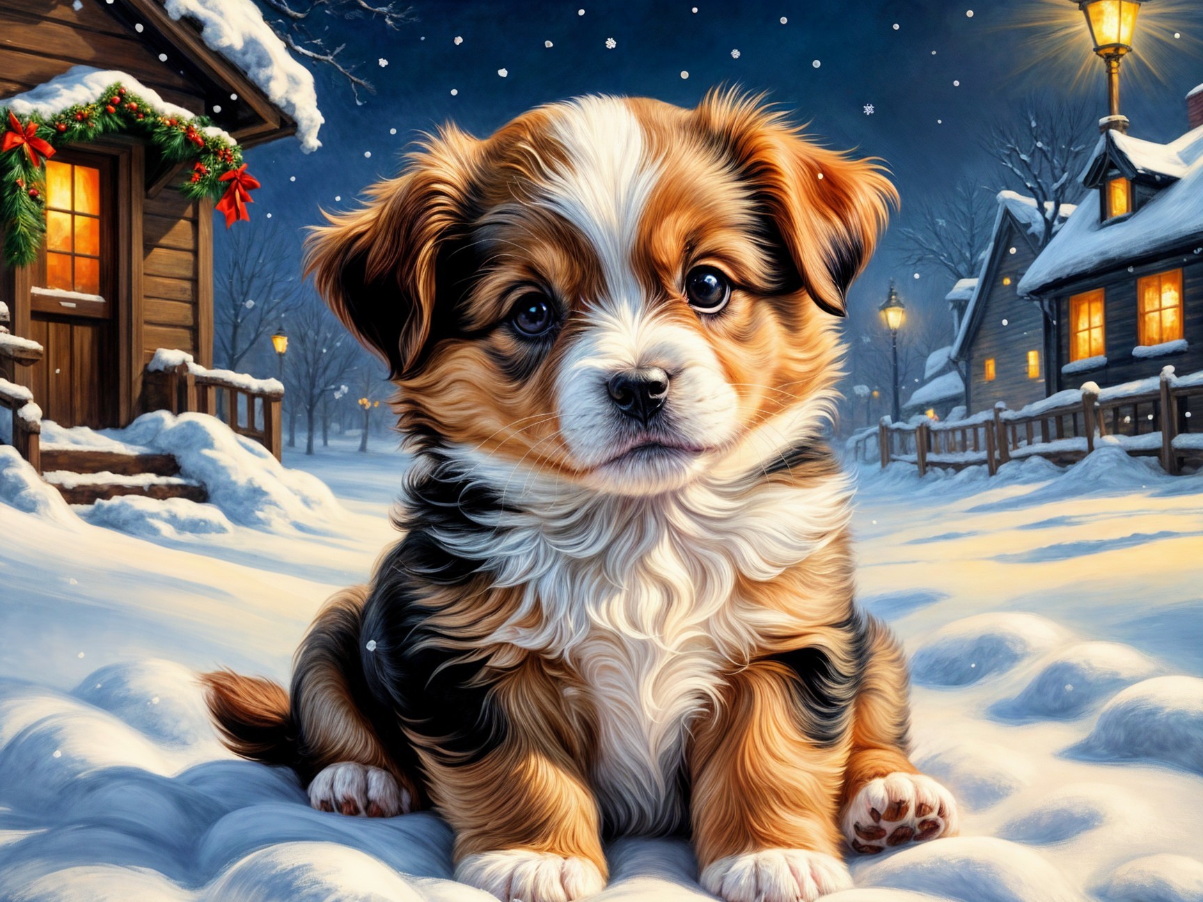 Fluffy Puppy in Snowy Winter Landscape with Cottages