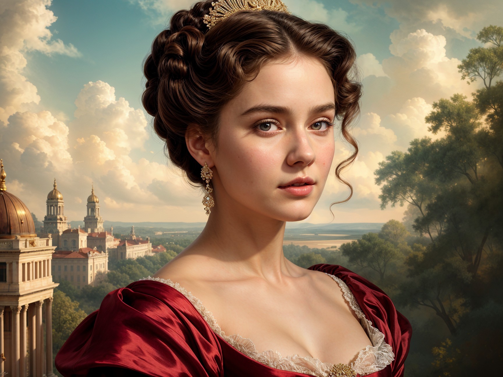 Elegant Woman in Red Gown Amidst Scenic Landscape