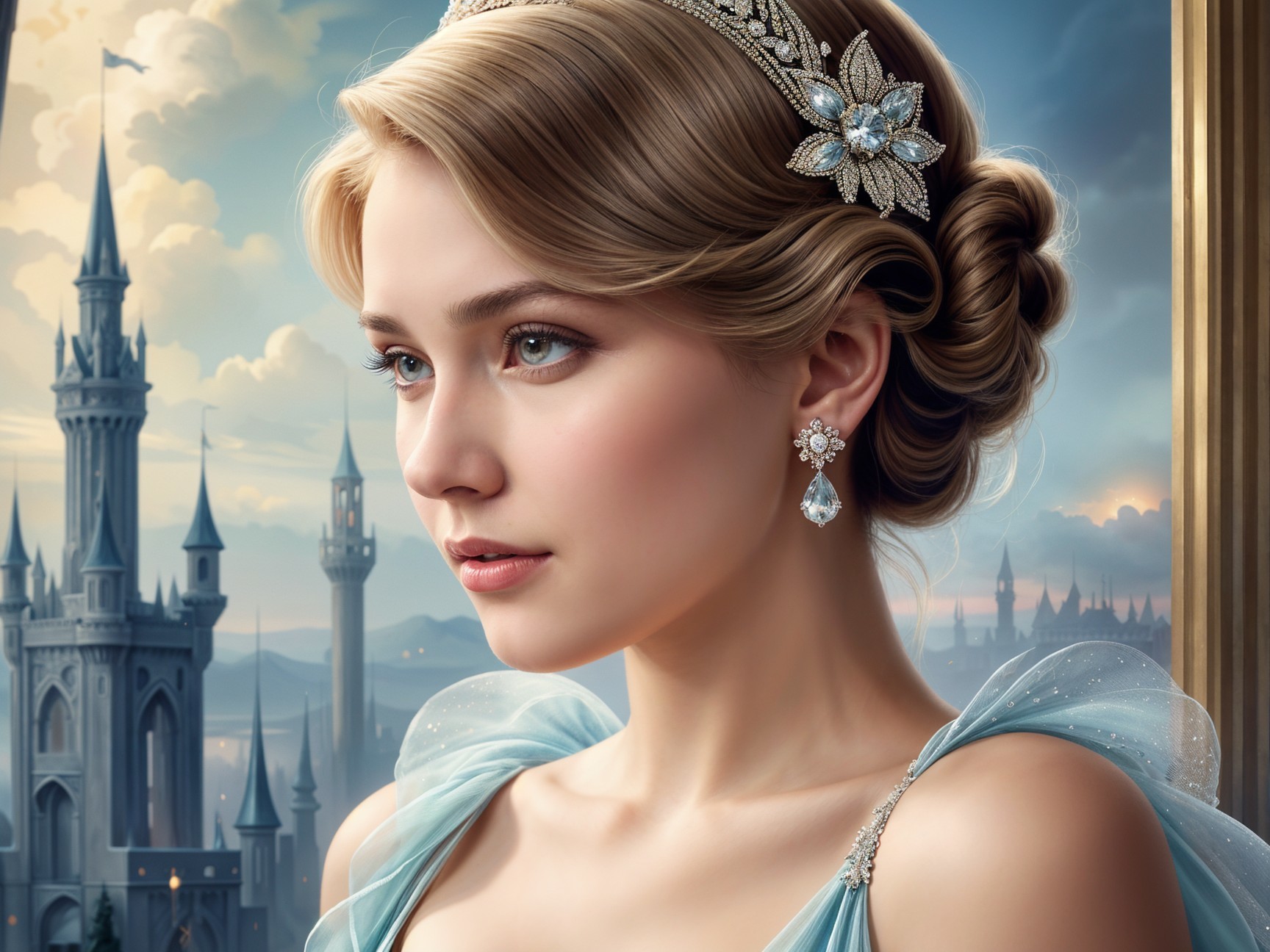 Regal Young Woman in Light Blue Gown by Castle