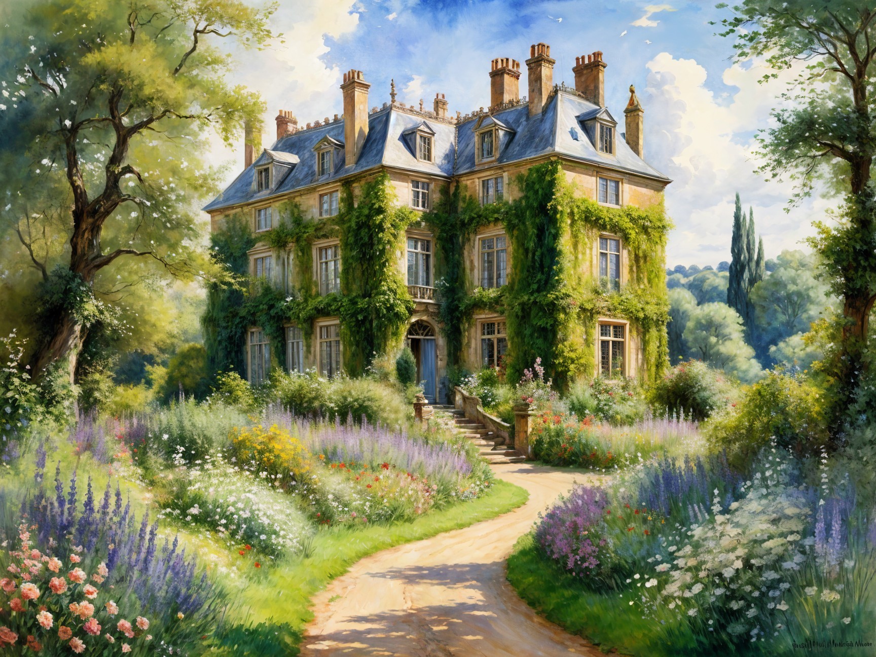 Ivy-Clad Manor Surrounded by Vibrant Garden Blooms