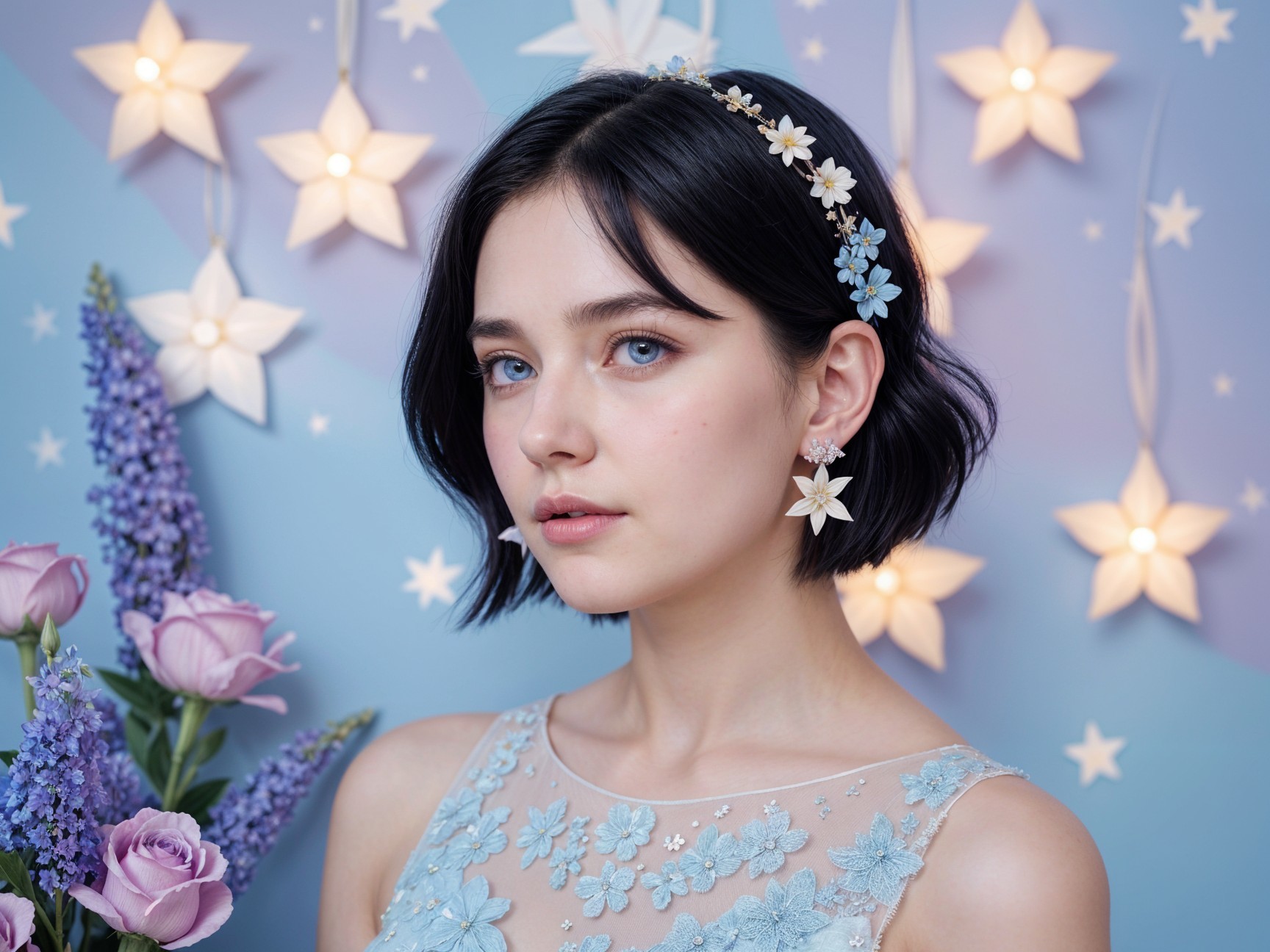 Young Woman in Floral Dress with Dreamy Background