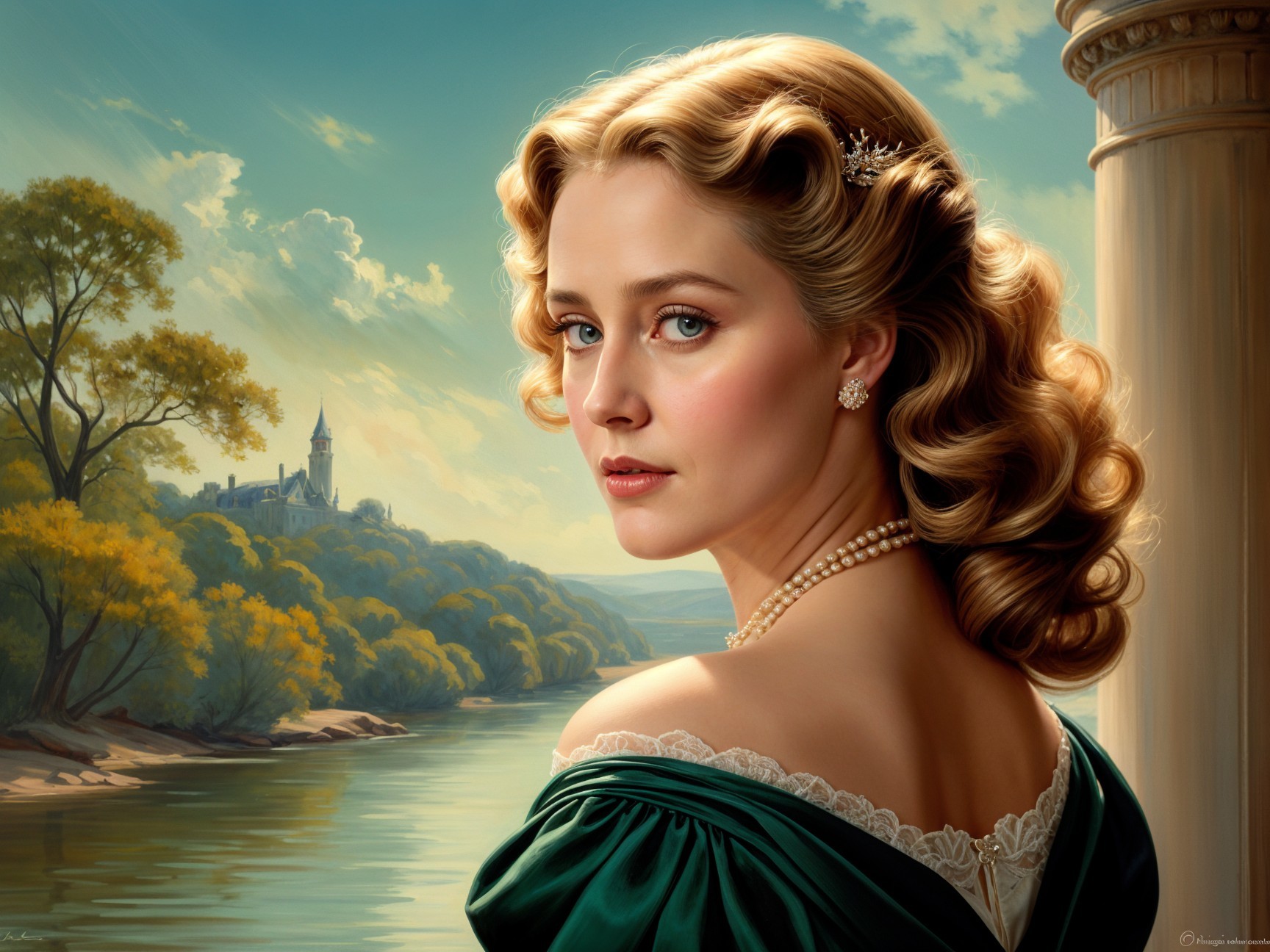 Vintage Glamour Woman in Green Gown by River and Castle