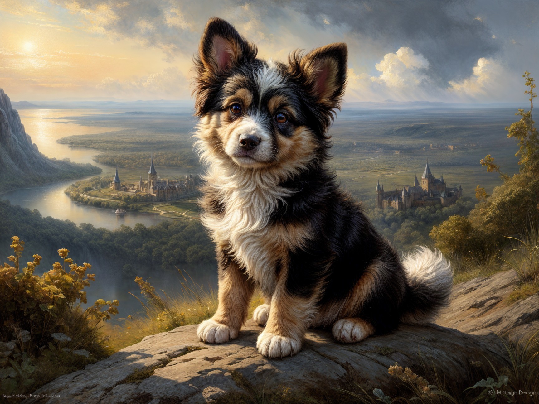 Fluffy Puppy on Rocky Outcrop with Scenic Landscape