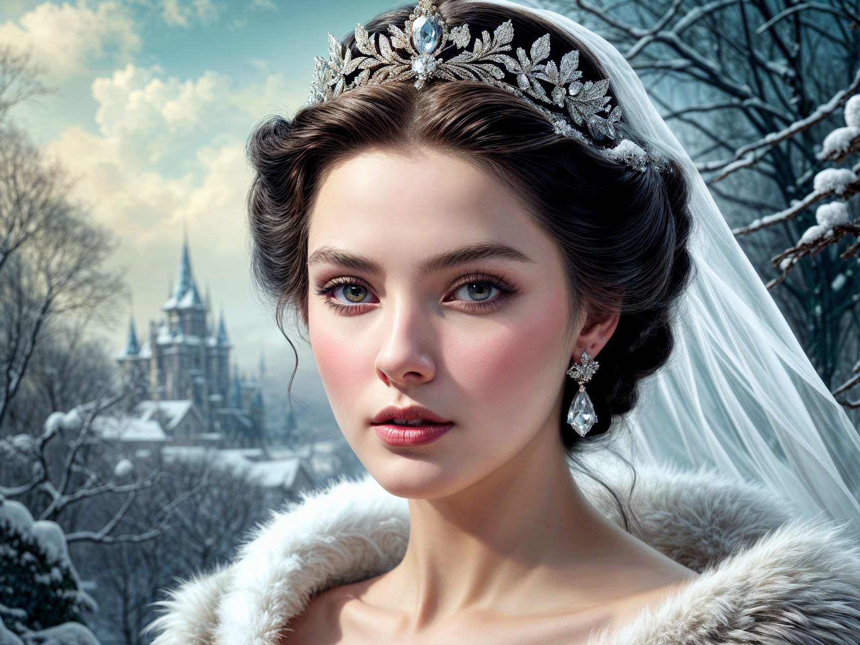 Young woman in tiara with snowy castle backdrop