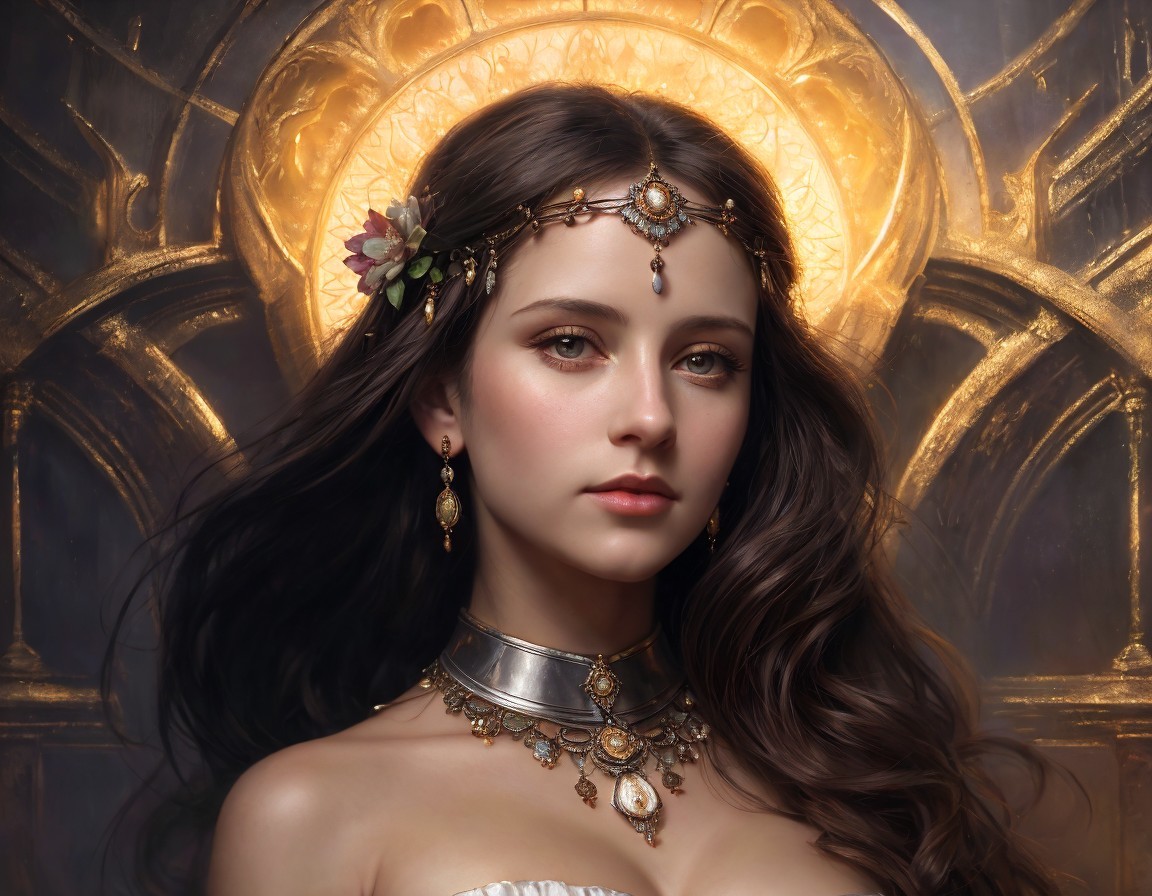 Ethereal woman portrait with ornate jewelry and halo backdrop