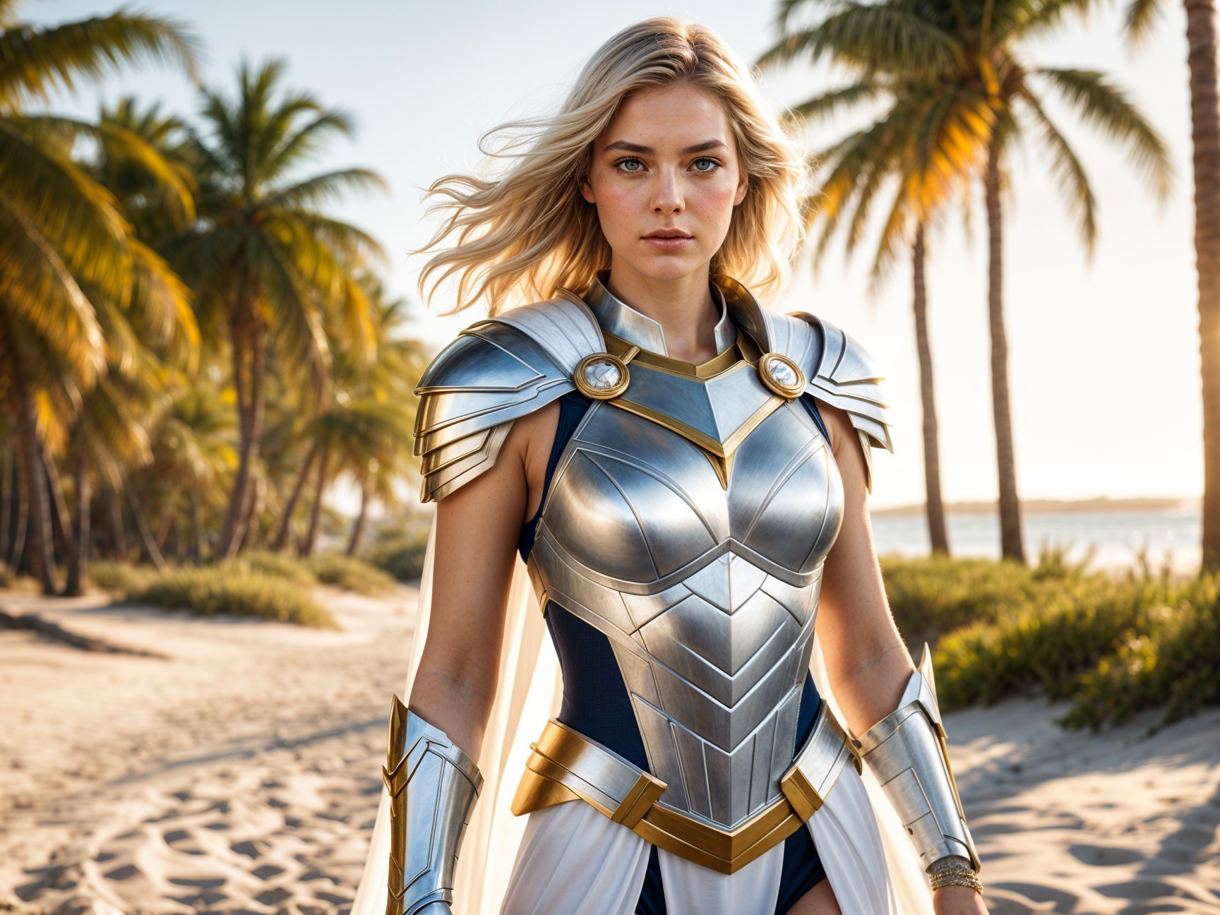 Warrior in Silver Armor on a Serene Beach Scene