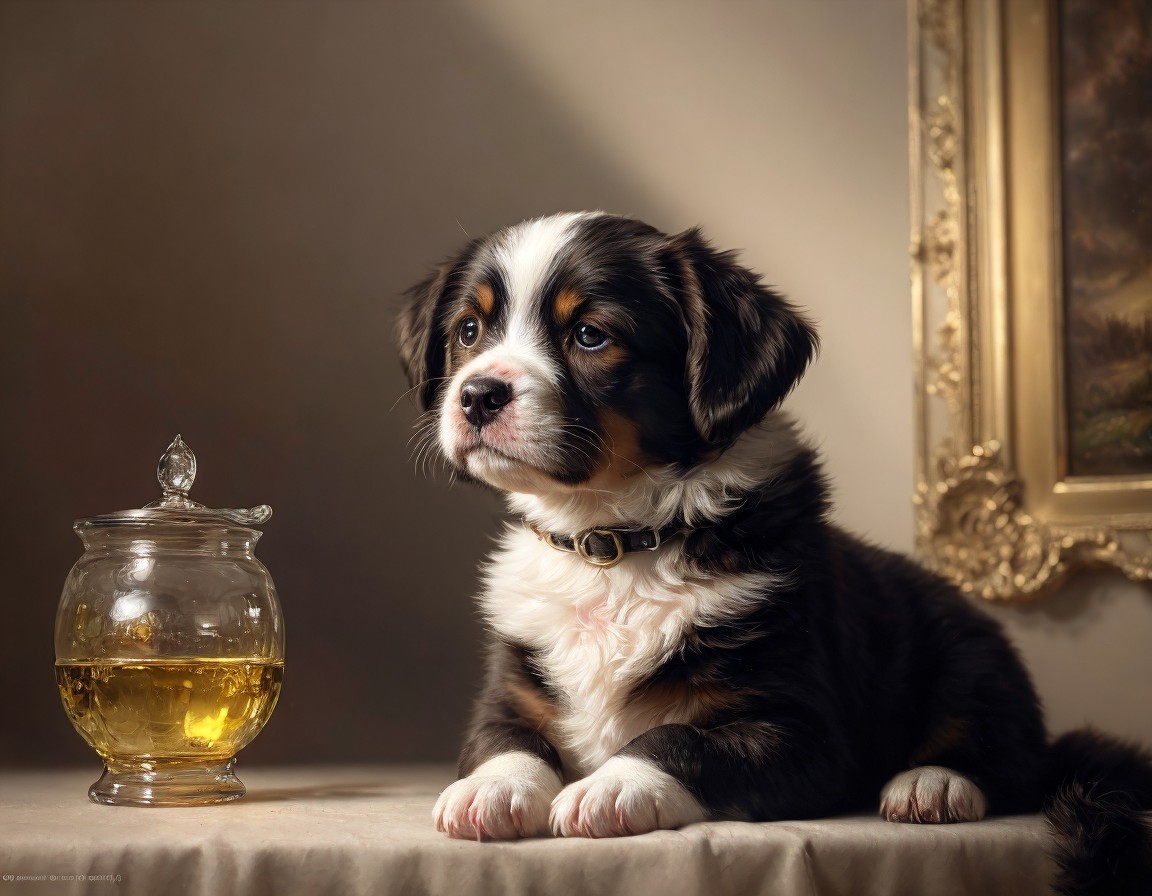 Tricolor Puppy Beside Jar of Honey