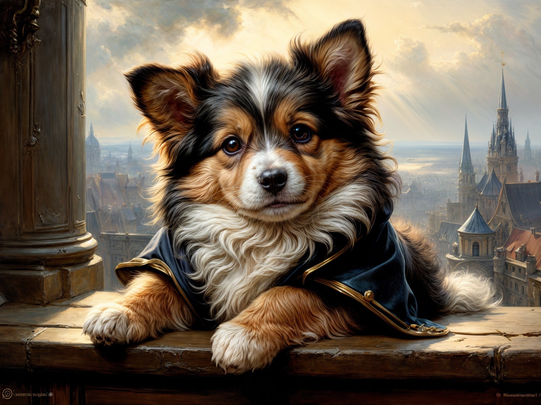 Fluffy Dog on Railing Overlooking Scenic Cityscape