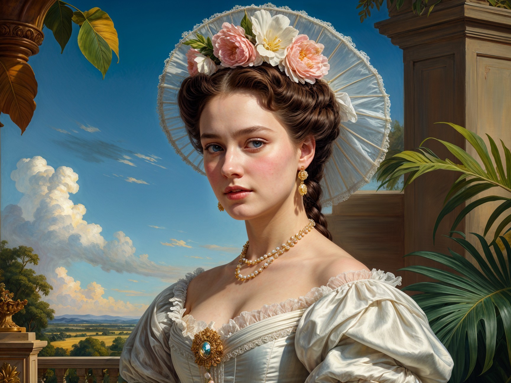 Elegant Young Woman in White Dress with Floral Accents