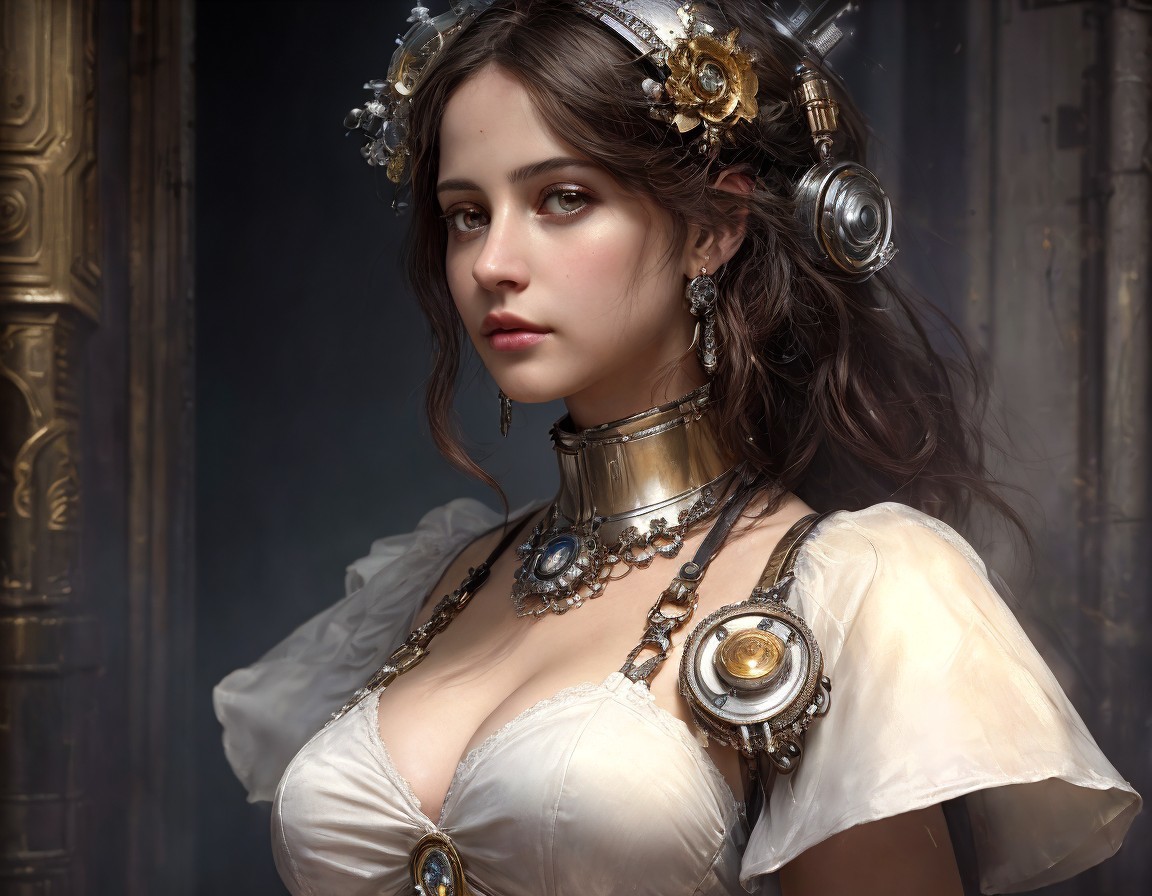 Steampunk-inspired woman with mechanical collar and ornate headgear pose on dark backdrop