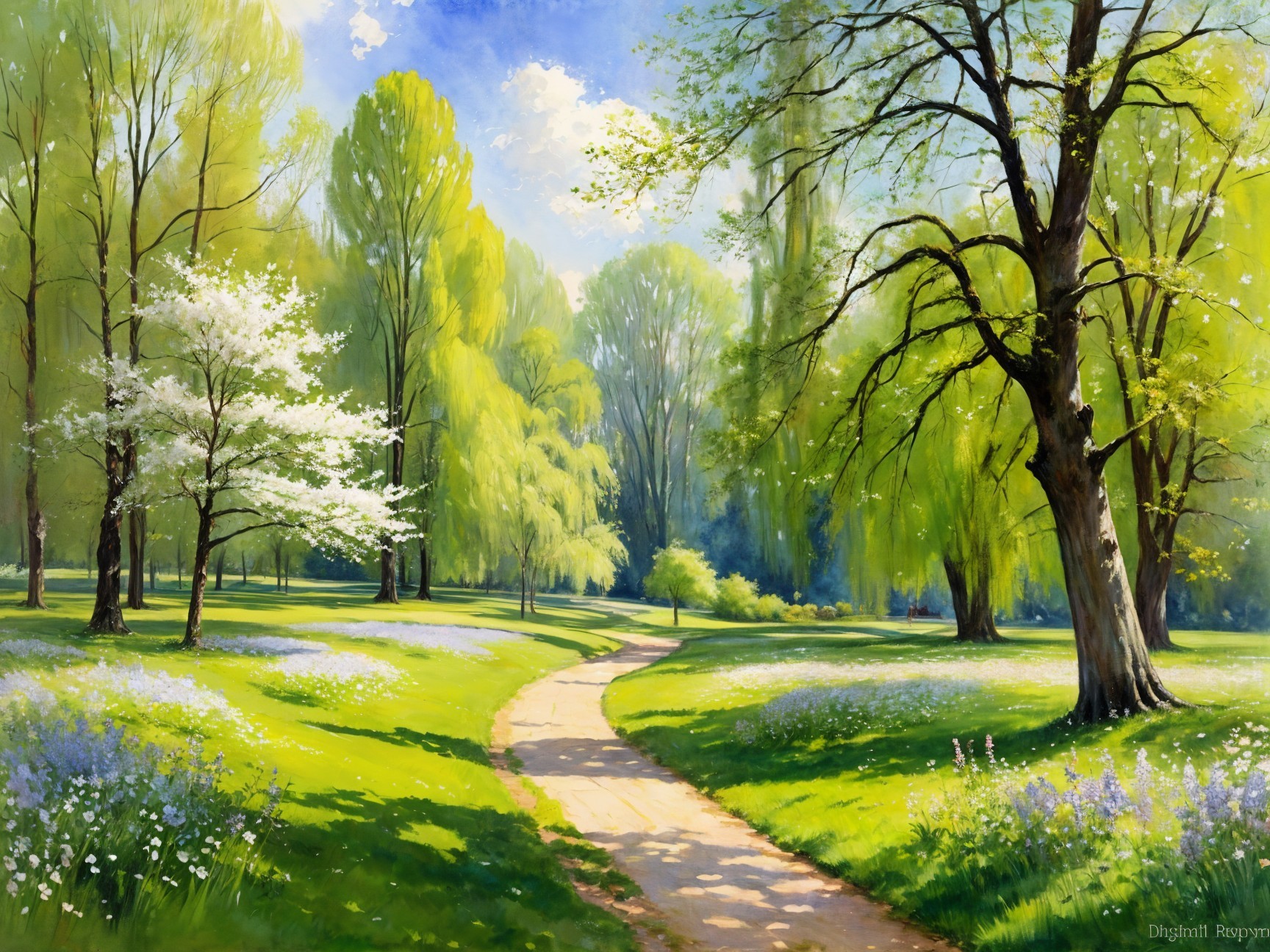 Lush Spring Park with Vibrant Flowers and Trees