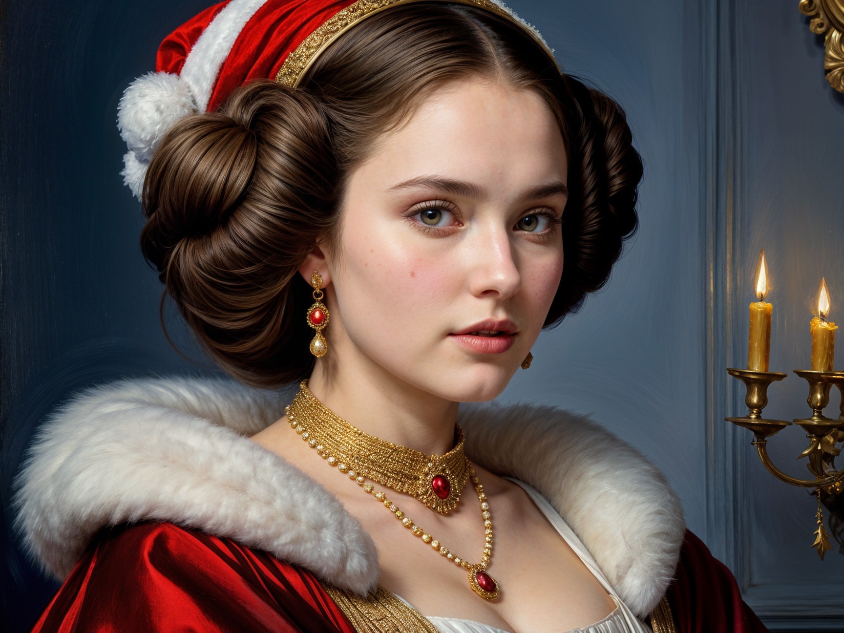 Young woman in festive red gown and Santa hat