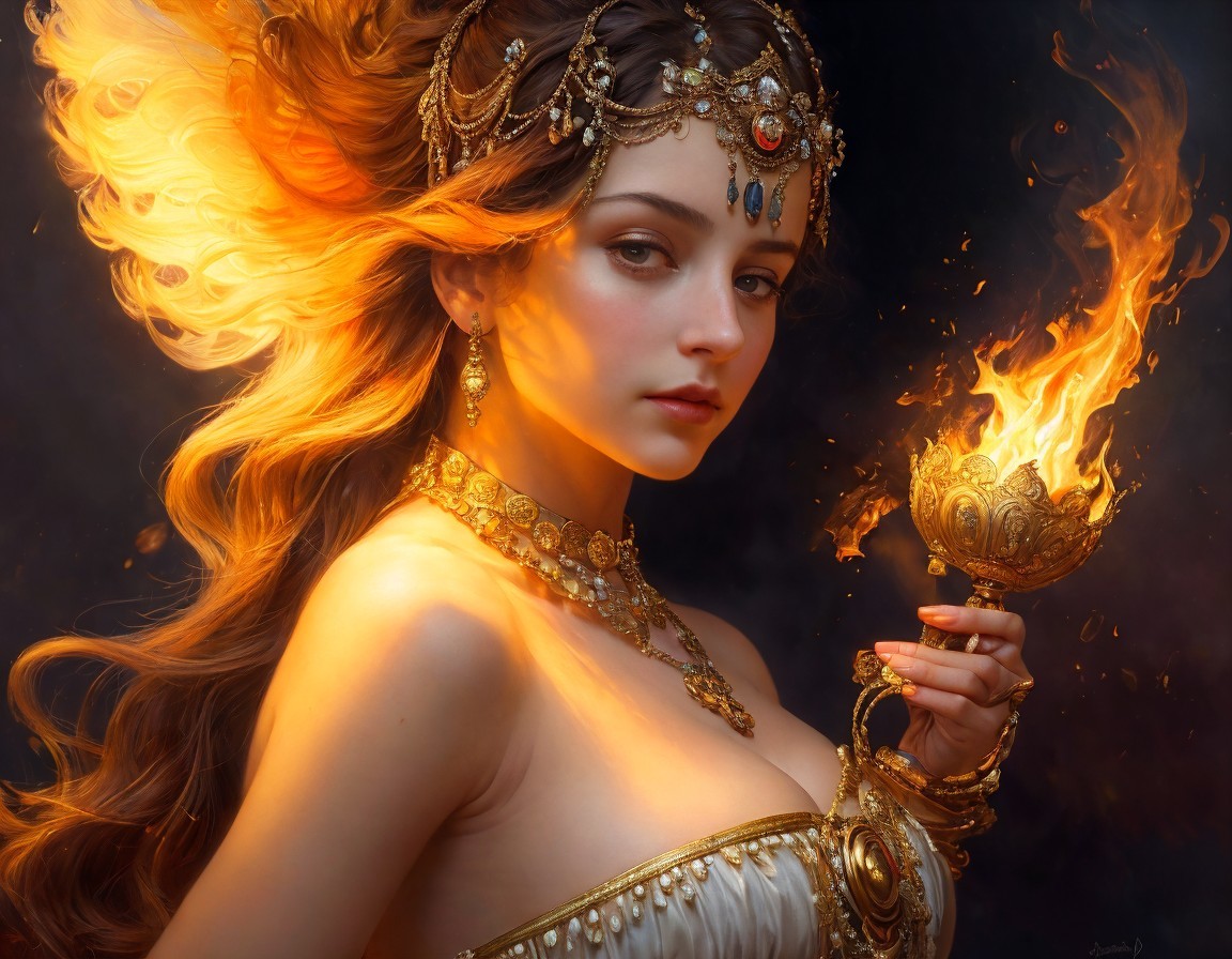 Woman in White Gown with Gold Jewelry and Flames