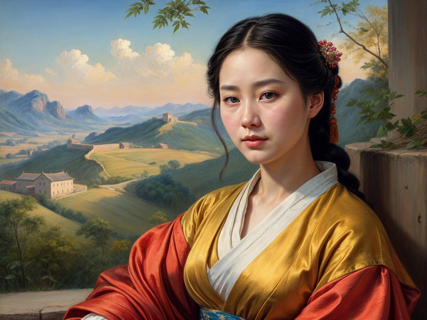 Young Woman in Traditional Attire Against Scenic Landscape