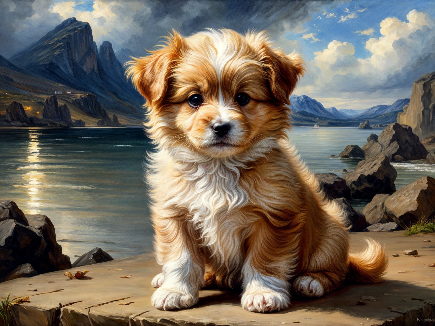 Fluffy Puppy on Rocky Shore with Scenic Background
