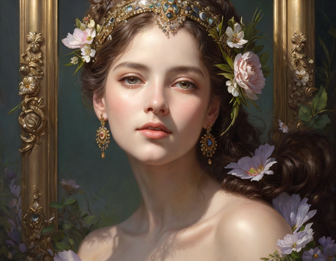 Portrait of a Young Woman with Floral Background