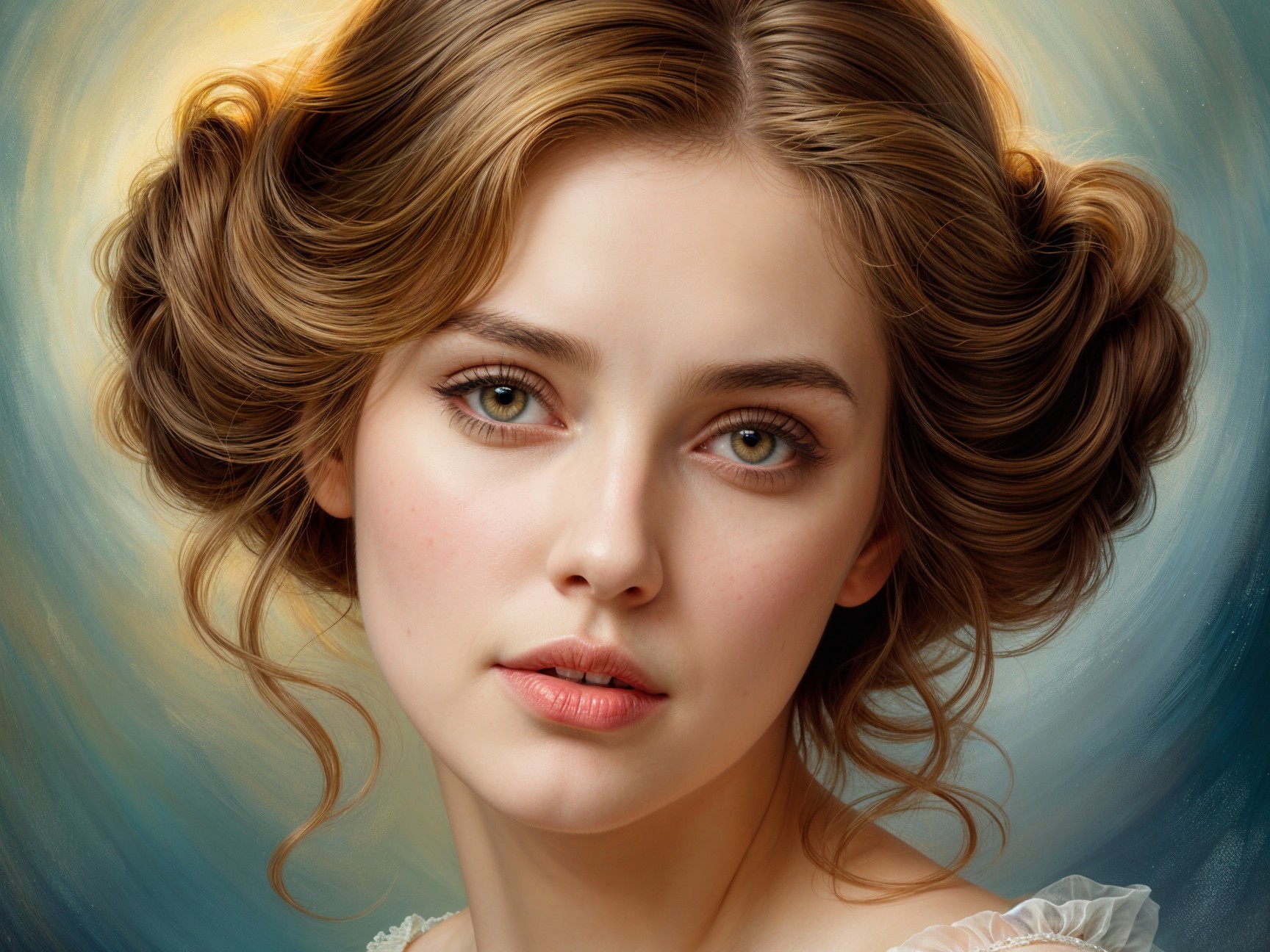 Elegant Young Woman with Curly Hair and Pastel Background