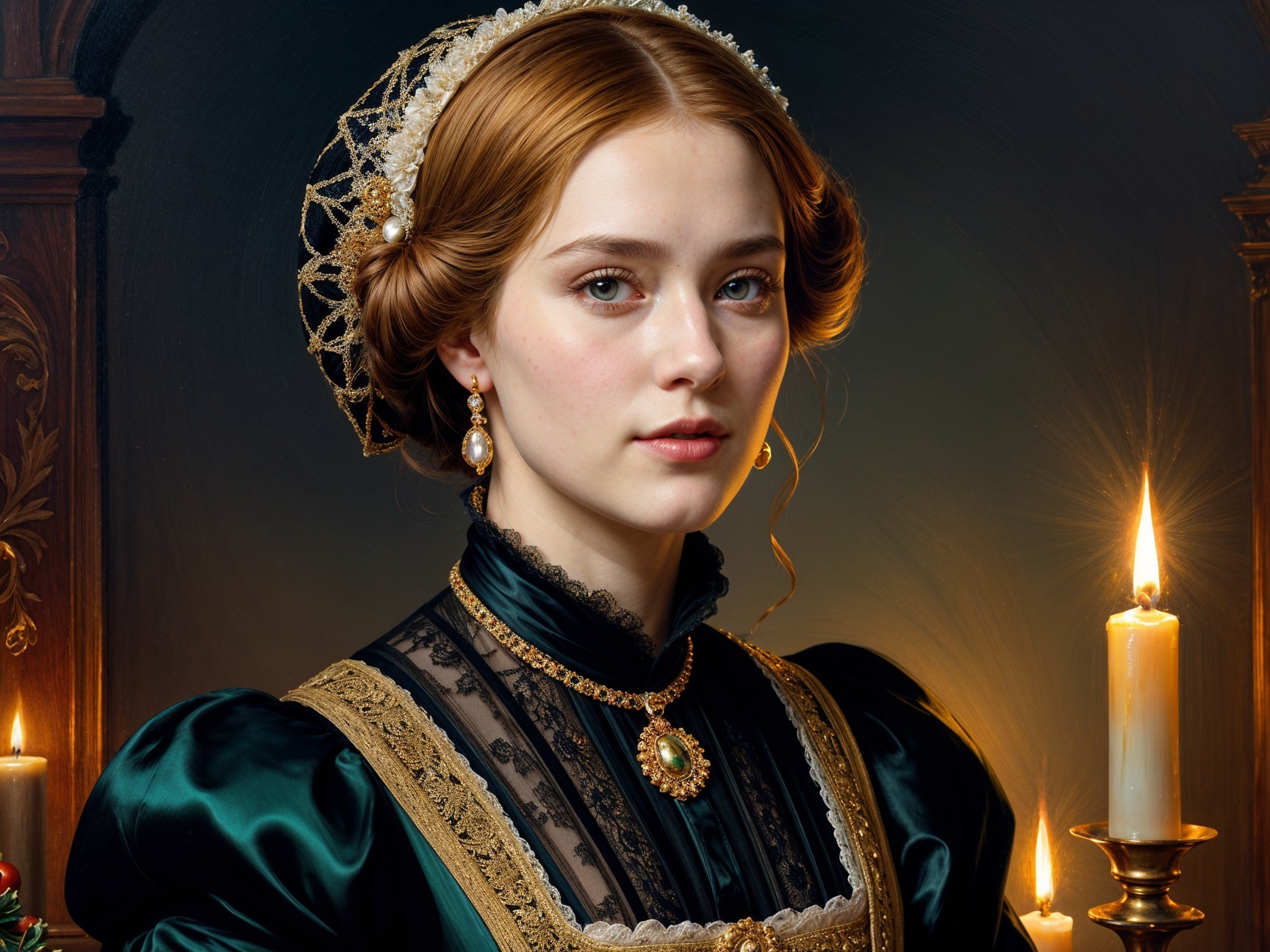 19th-Century Woman in Elegant Green Gown and Pearls