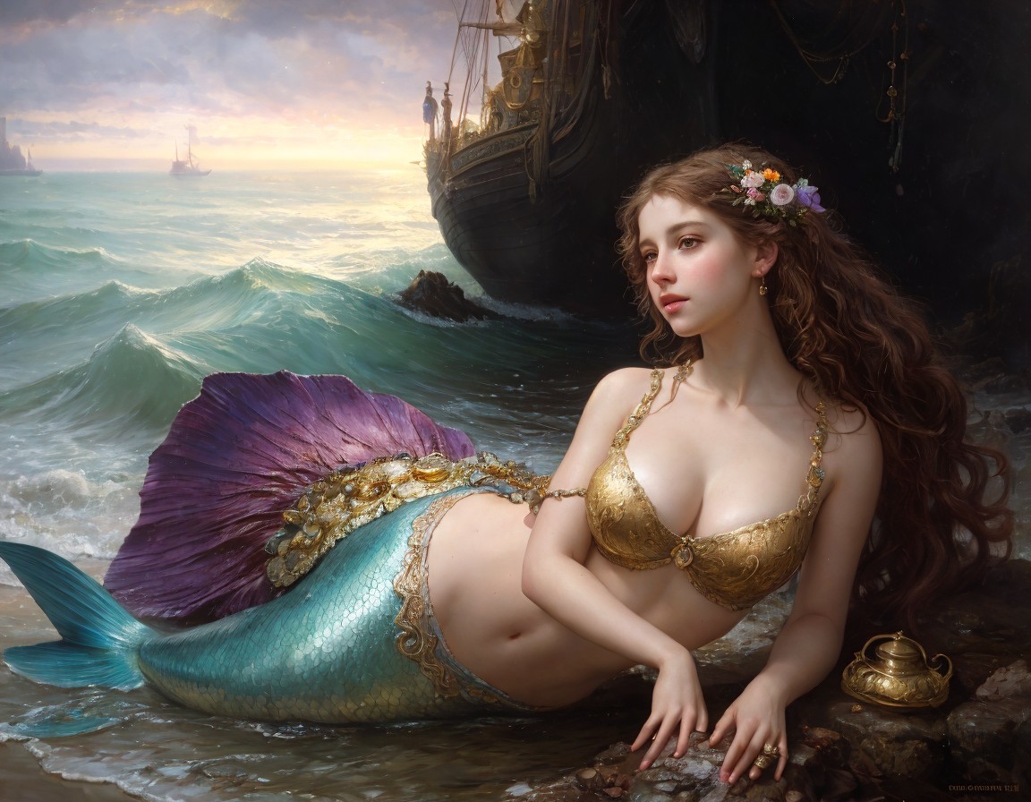 Mermaid with reddish-brown hair and golden crown on rocky shore with ship in background