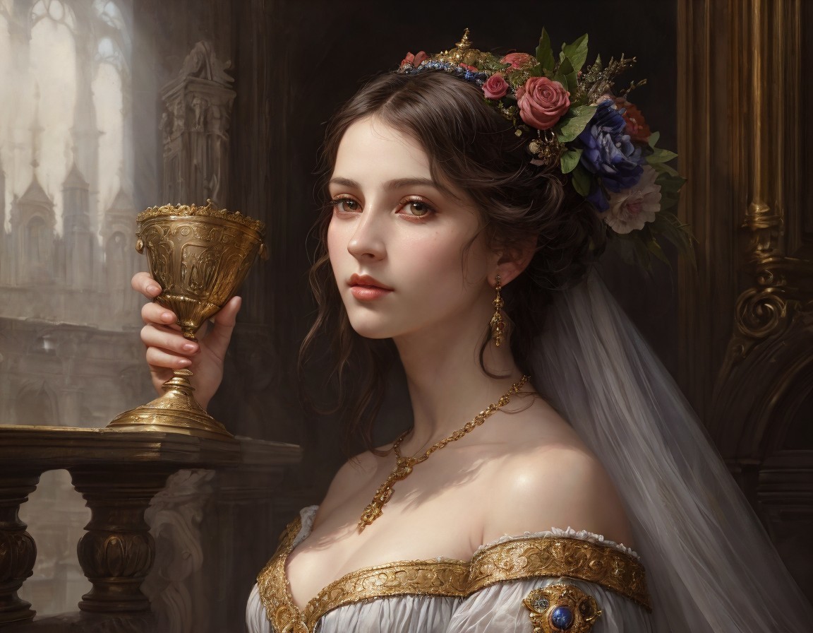 Young woman in elegant gown with floral crown and chalice